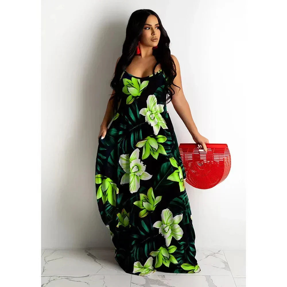 Loose Floral Print Slip Dress Long Skirt Floral Dress
