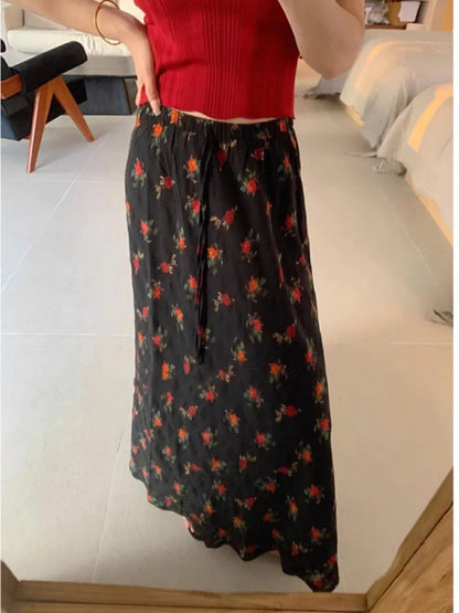 Boho Maxi Skirt High Waist Floral Printed Hippie Rose Chic