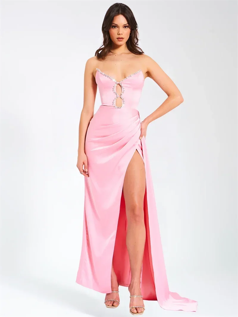 Pink Satin Strapless Party Dress