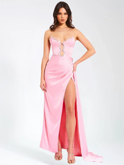 Pink Satin Strapless Party Dress