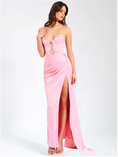 Pink Satin Strapless Party Dress