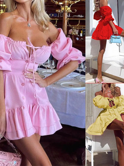 Off Shoulder Puff Sleeve Button Front Tiered Ruffle Mini Dress