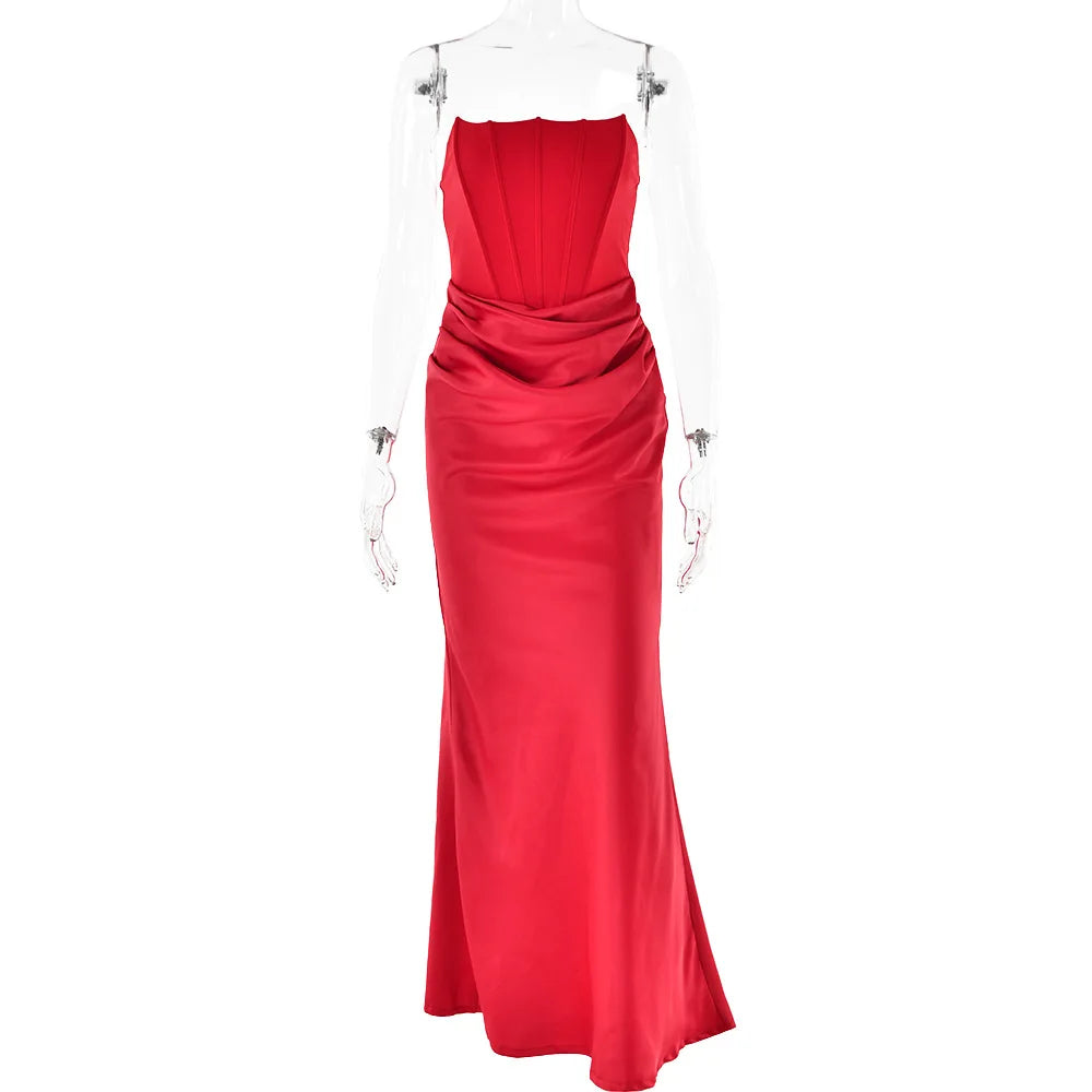 Elegant Corset Strap Neck Backless Maxi Red Party Dress