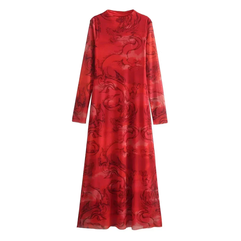 Versatile Limited Printed Screen Dress Women's Fashion Style Year Loong Party Dress