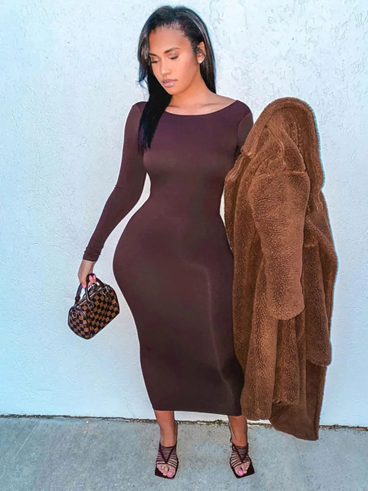 Round Neck Long Sleeve Fitted Knit Floor Length Maxi Dress