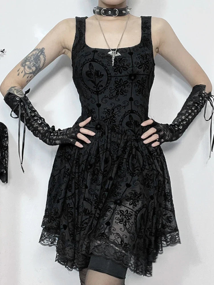 2024 Summer New Harajuku Retro Wrapped Hip Mini Dress Y2K Vintage Gothic Punk Dark Style Tie Up A-Line Dress