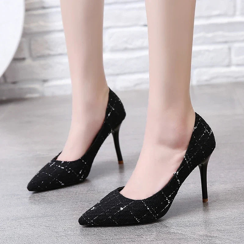 Simple Color Matching Plaid Design Shopping Walking New Style High Heel