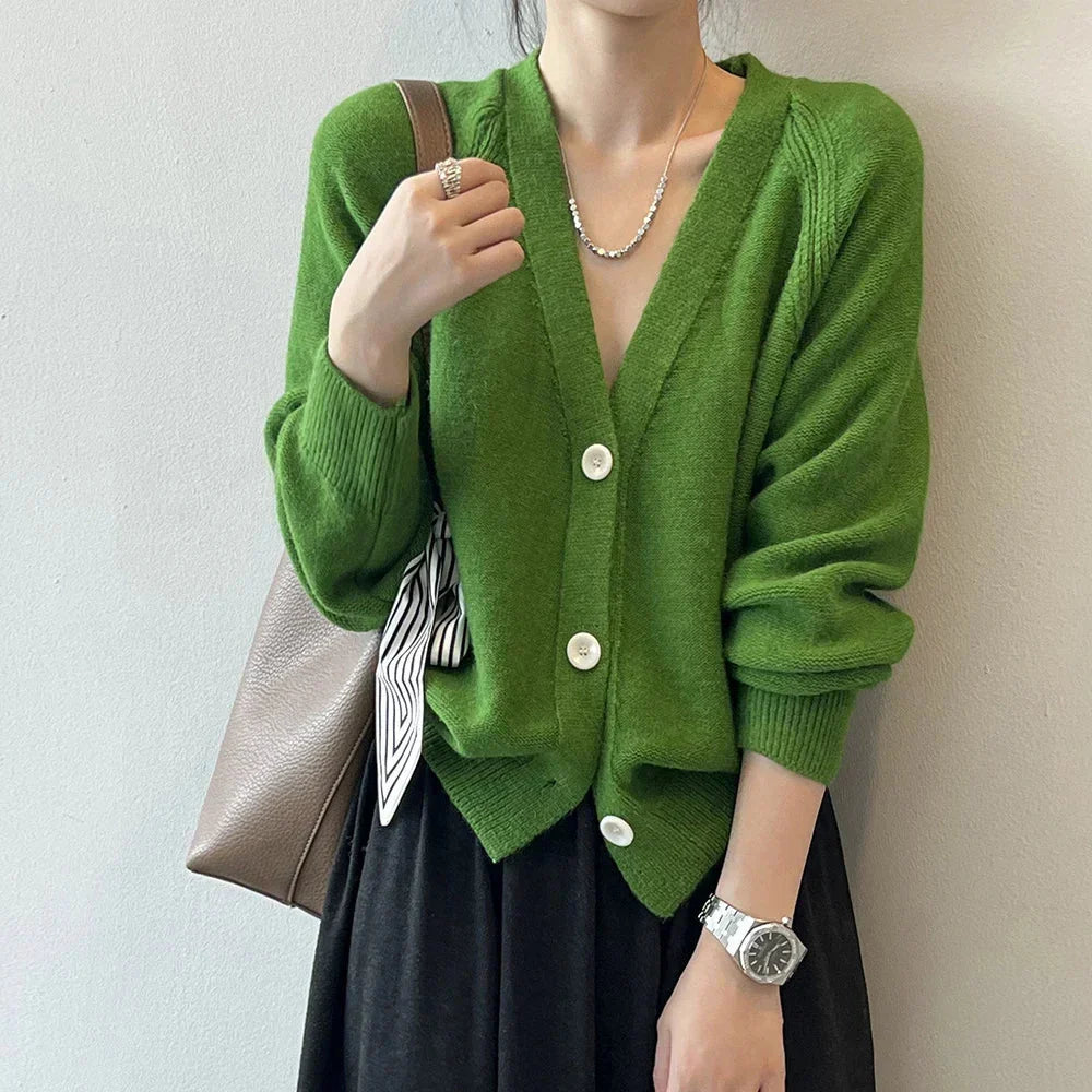 V-Neck Single Button Knitted Green Cape Clothes Autumn Women Sweater