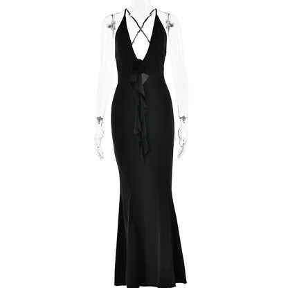 Halter Plunging V-Neck 3D Rosette Cascade Ruffle Mermaid Maxi Gown