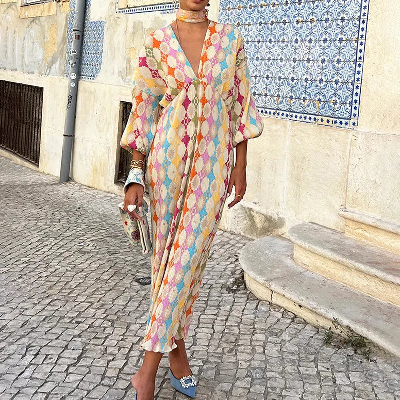 Deep V Neck Long Balloon Sleeve Geometric Diamond Print Neck Tie Maxi Dress