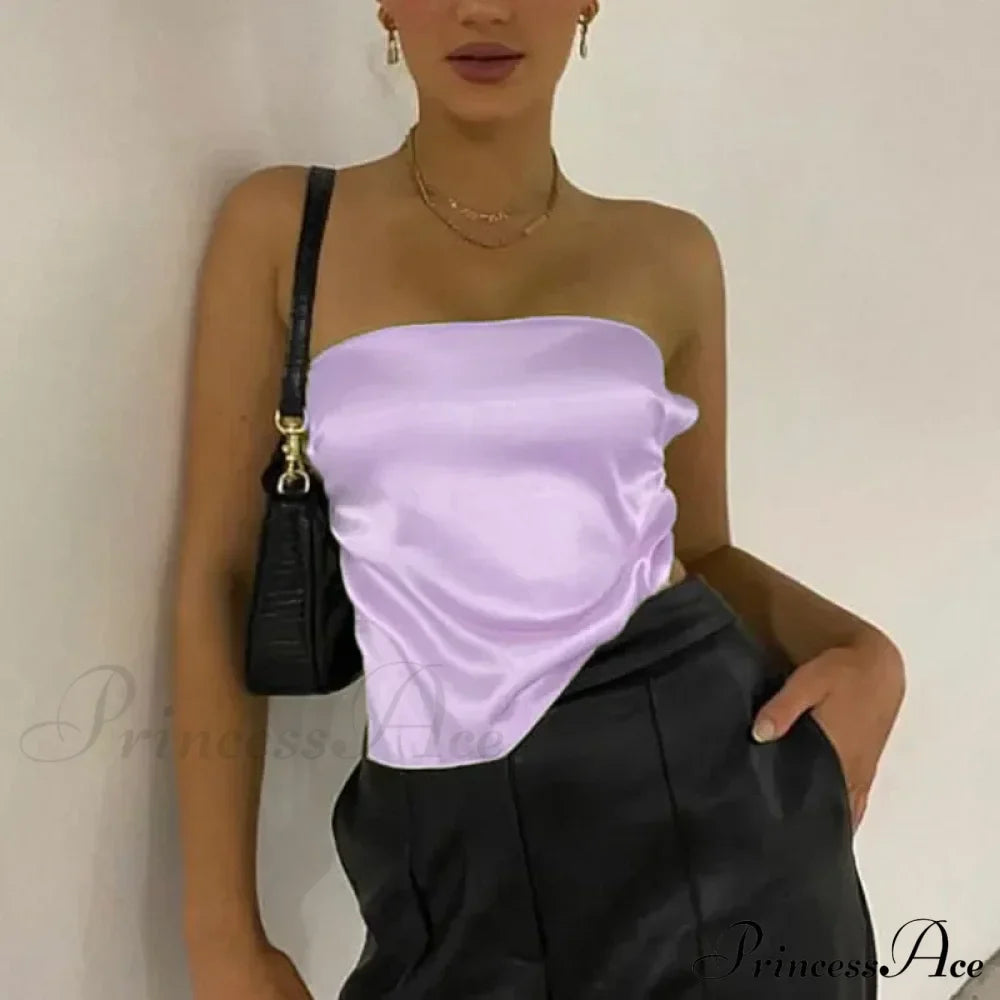 Satin Backless Crop Women Green Summer Cami Bandage Sleeveless Strapless Off Shoulder Tank top