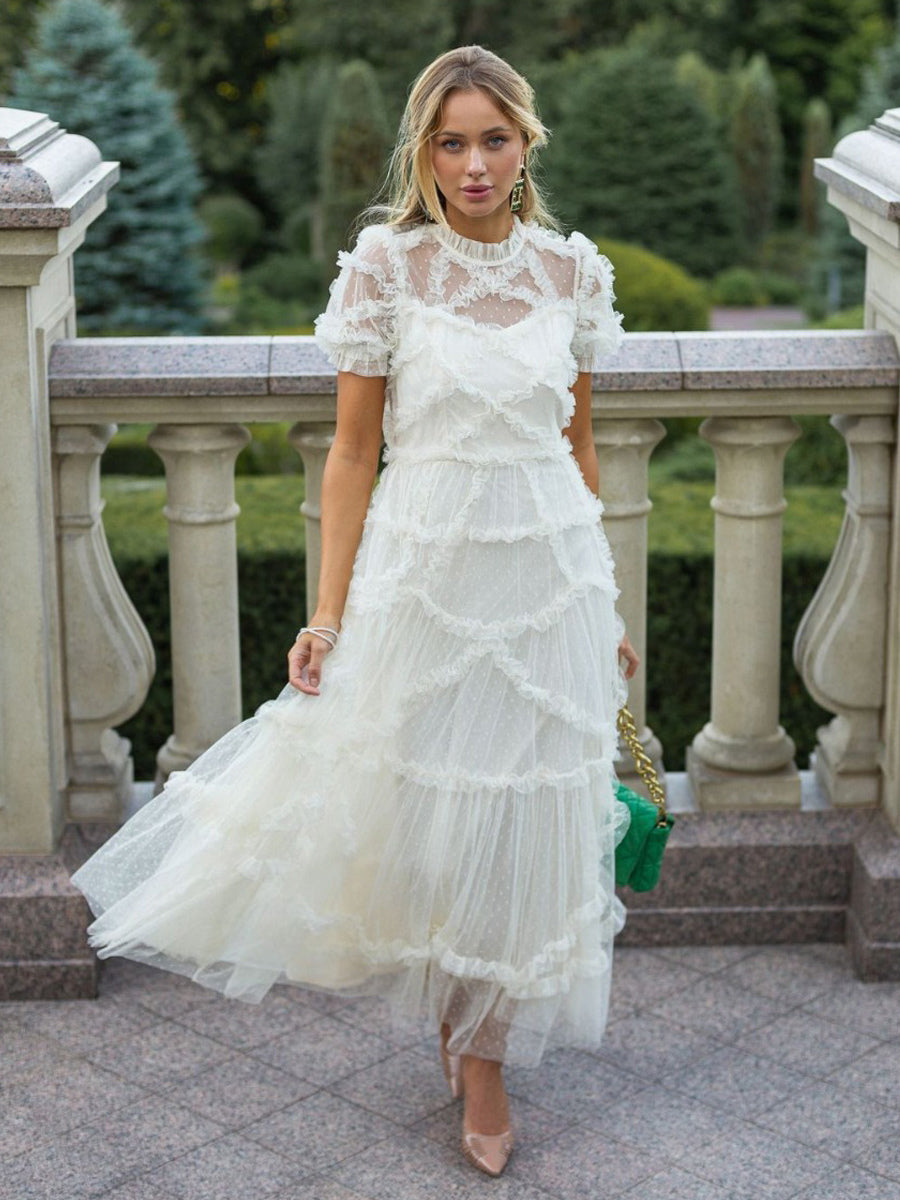 Ruffles Dress Illusion Neckline Ruffles Layered Tulle Maxi Dresses