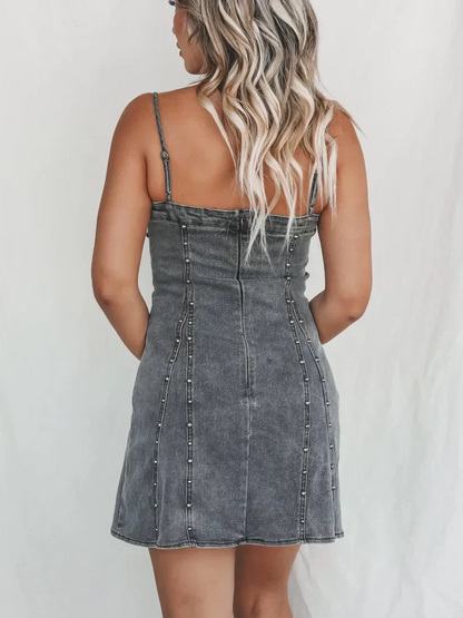 Studded Square Neck Spaghetti Strap Denim Bodycon Mini Dress