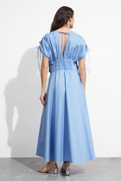 Deep V Neck Puff Sleeve Floral Rosette Waist Pleated Maxi Dress