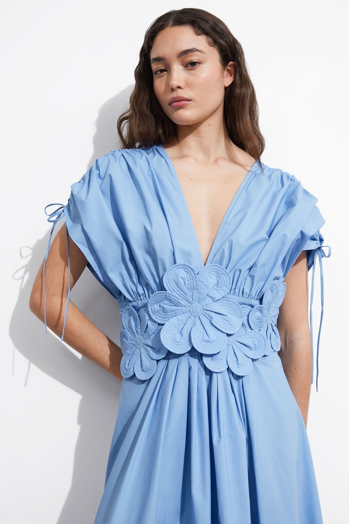 Deep V Neck Puff Sleeve Floral Rosette Waist Pleated Maxi Dress