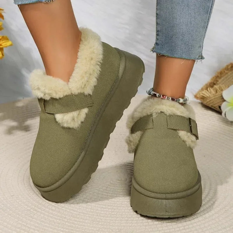 2024Fashion Plush Flat Shoes Women Suede Round Toe Solid Color Women Snow Boots Warm Flat Non-slip Women Ankle Boots Botas Mu