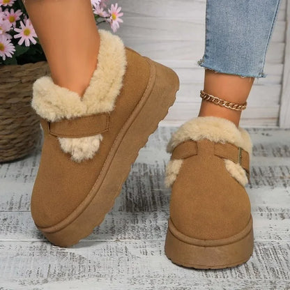 2024Fashion Plush Flat Shoes Women Suede Round Toe Solid Color Women Snow Boots Warm Flat Non-slip Women Ankle Boots Botas Mu