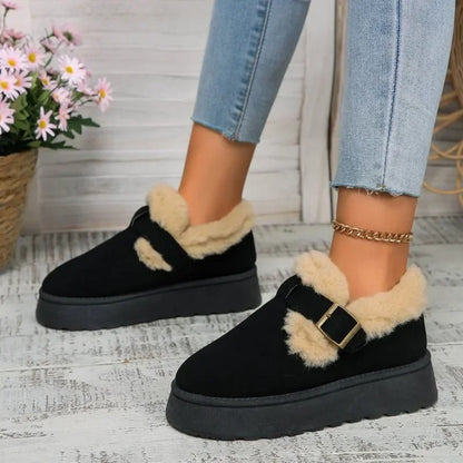 2024Fashion Plush Flat Shoes Women Suede Round Toe Solid Color Women Snow Boots Warm Flat Non-slip Women Ankle Boots Botas Mu