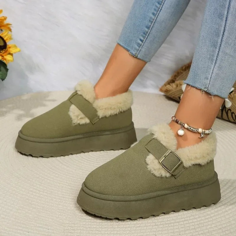 2024Fashion Plush Flat Shoes Women Suede Round Toe Solid Color Women Snow Boots Warm Flat Non-slip Women Ankle Boots Botas Mu