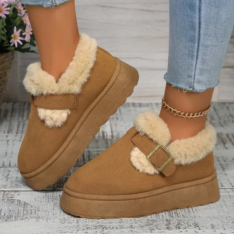 2024Fashion Plush Flat Shoes Women Suede Round Toe Solid Color Women Snow Boots Warm Flat Non-slip Women Ankle Boots Botas Mu
