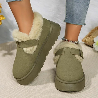 2024Fashion Plush Flat Shoes Women Suede Round Toe Solid Color Women Snow Boots Warm Flat Non-slip Women Ankle Boots Botas Mu