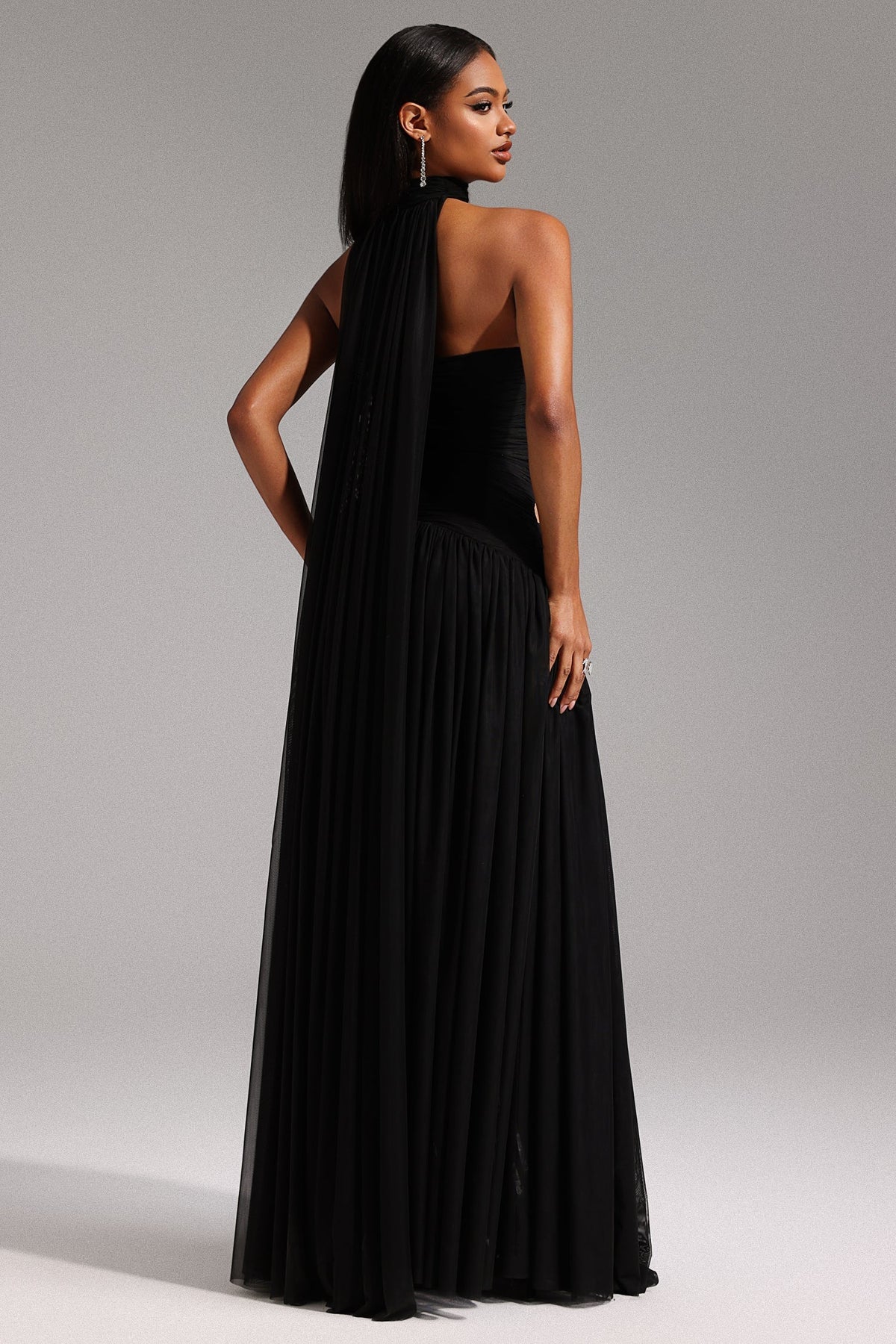 Strapless Ruched Cutout Pleated Cape Back High Slit Maxi Gown