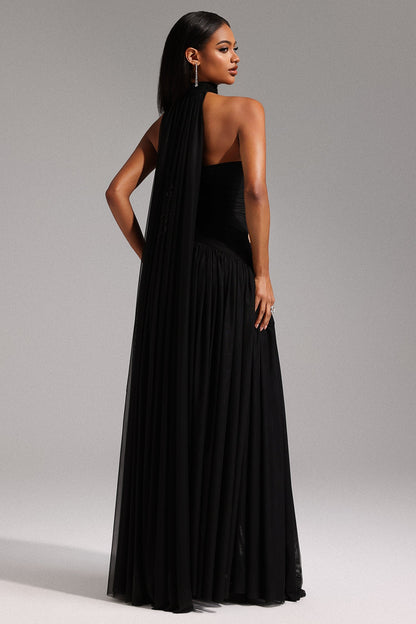 Strapless Ruched Cutout Pleated Cape Back High Slit Maxi Gown
