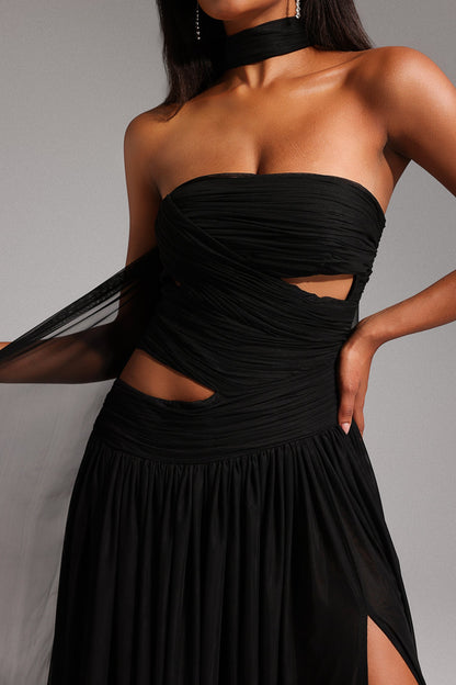 Strapless Ruched Cutout Pleated Cape Back High Slit Maxi Gown