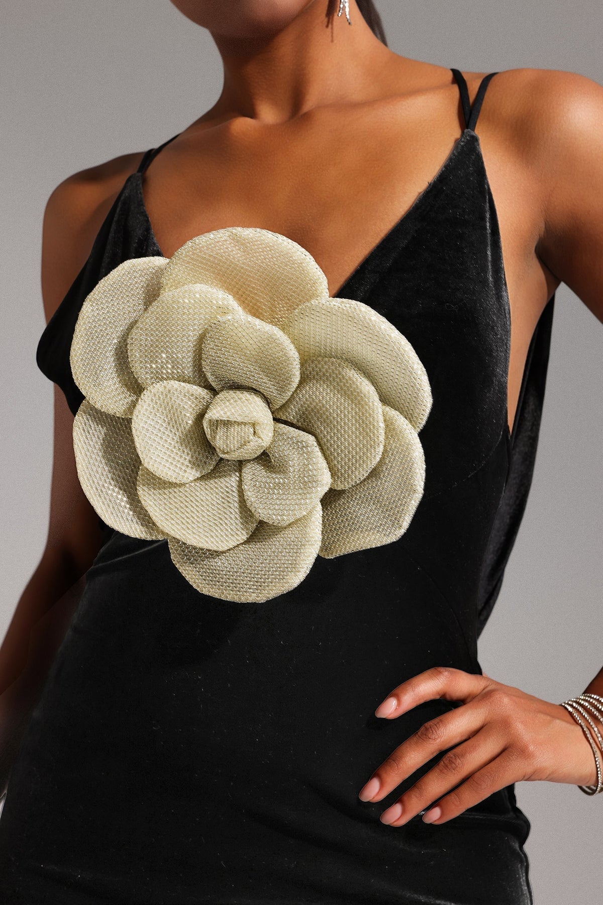 Deep V 3D Rosette Velvet Column Maxi Dress