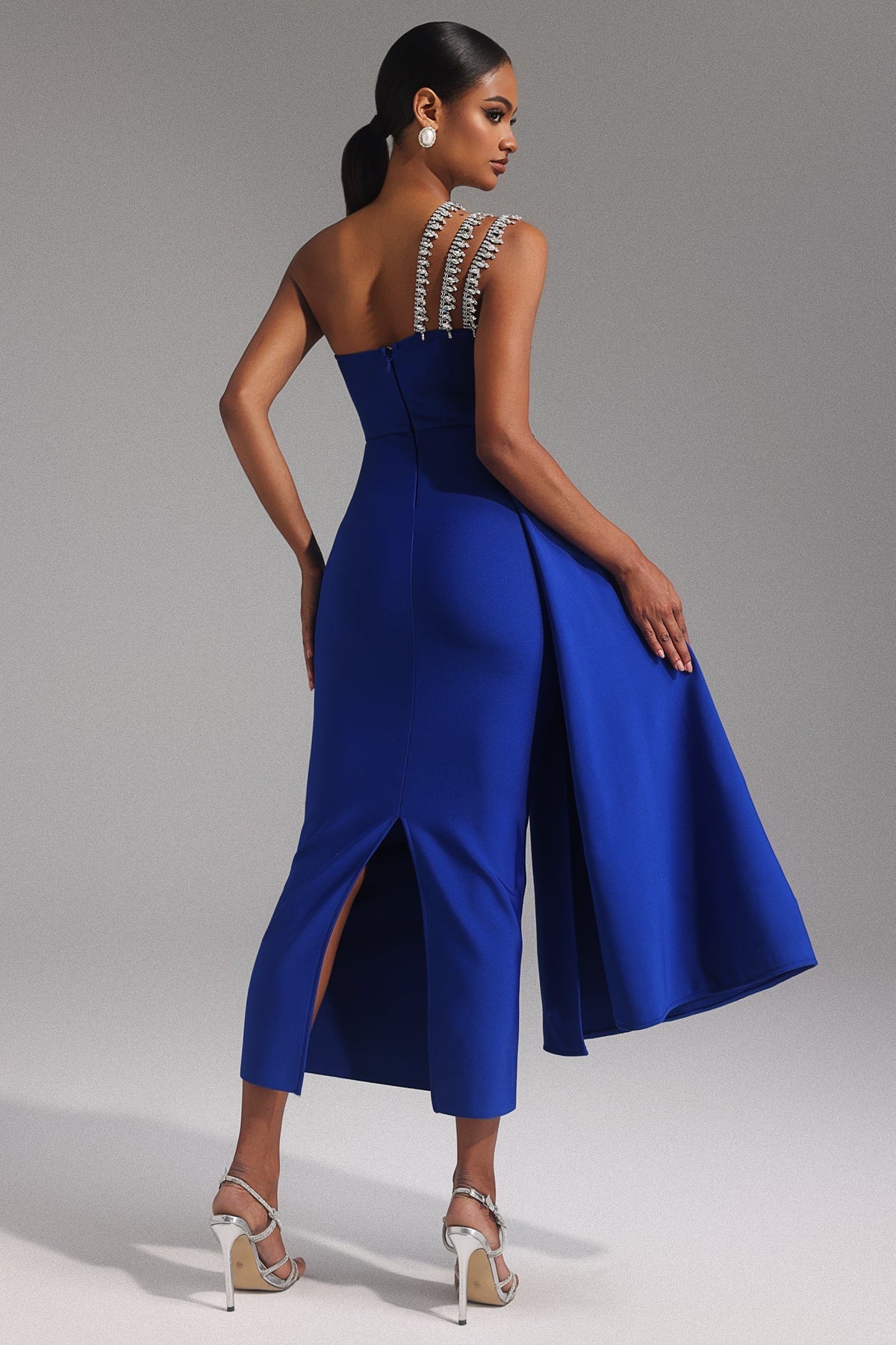 One Shoulder Triple Strap Crystal Fringe Bandage Maxi Dress