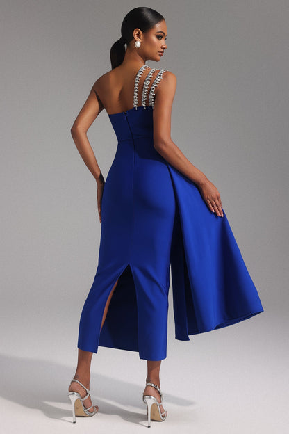 One Shoulder Triple Strap Crystal Fringe Bandage Maxi Dress
