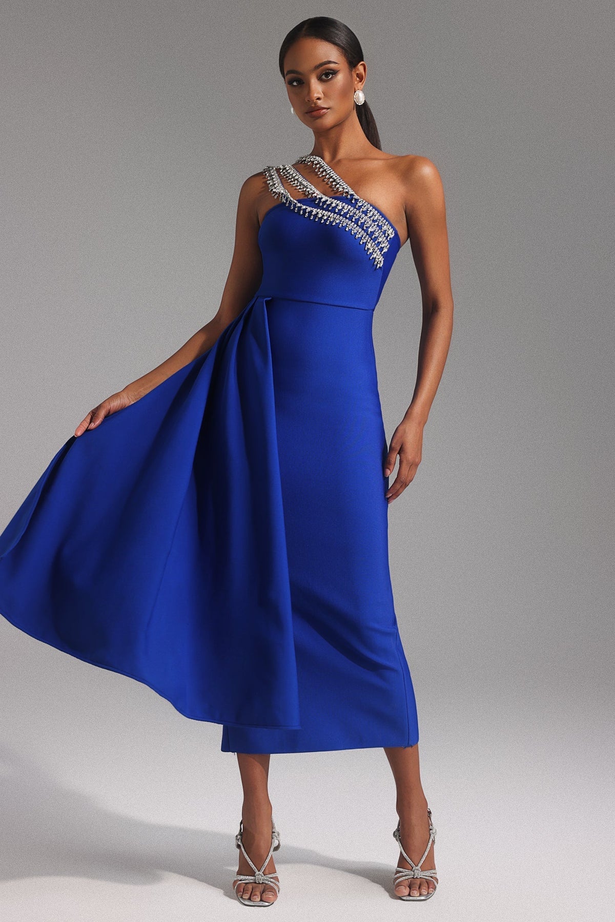 One Shoulder Triple Strap Crystal Fringe Bandage Maxi Dress