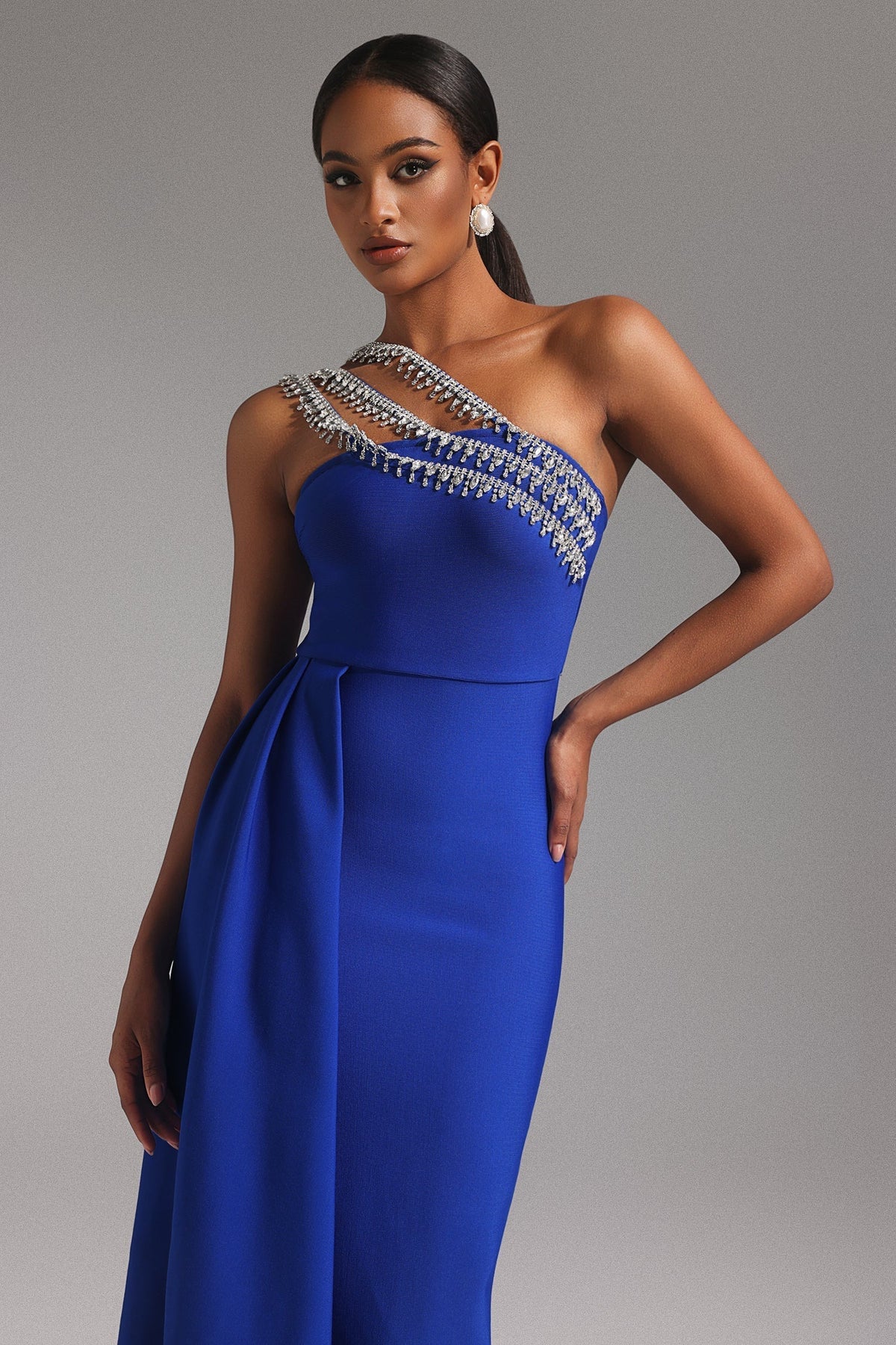 One Shoulder Triple Strap Crystal Fringe Bandage Maxi Dress