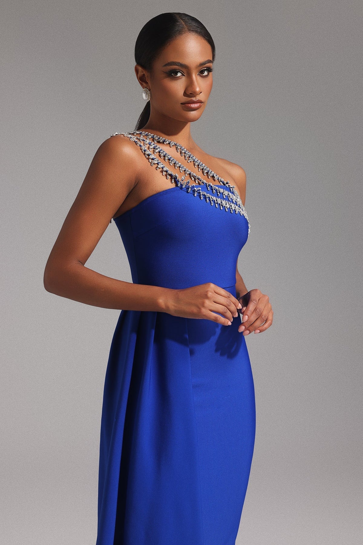 One Shoulder Triple Strap Crystal Fringe Bandage Maxi Dress