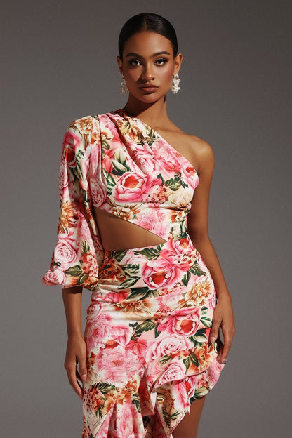 One-Shoulder Long Puff Sleeve Side Cutout Ruffle Train Floral Maxi Dress