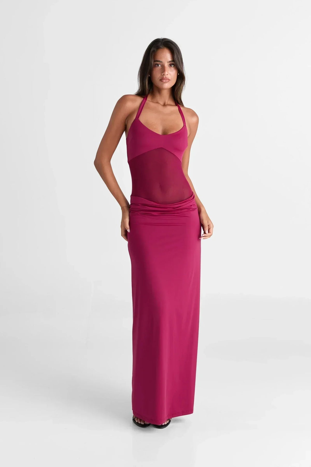 Halter Neck Sheer Mesh Midriff Panel Column Maxi Dress