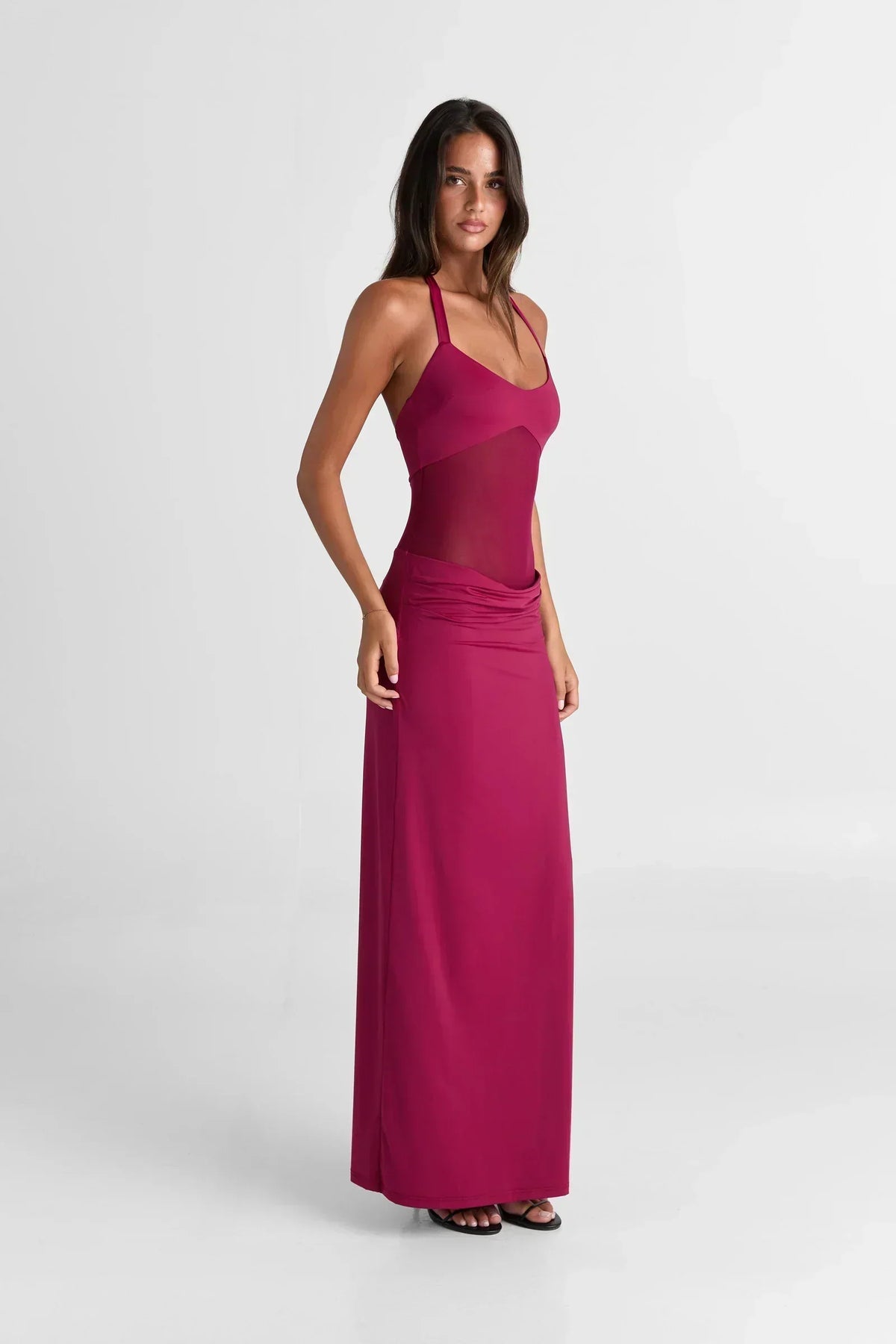 Halter Neck Sheer Mesh Midriff Panel Column Maxi Dress