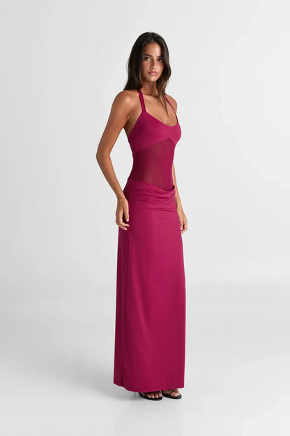 Halter Neck Sheer Mesh Midriff Panel Column Maxi Dress