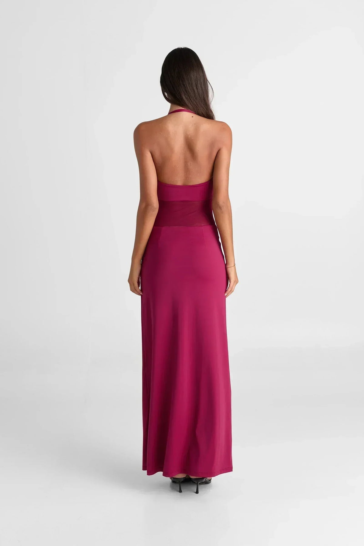 Halter Neck Sheer Mesh Midriff Panel Column Maxi Dress