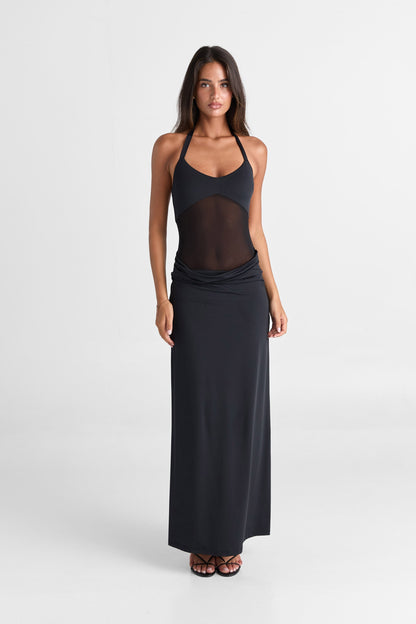 Halter Neck Sheer Mesh Midriff Panel Column Maxi Dress