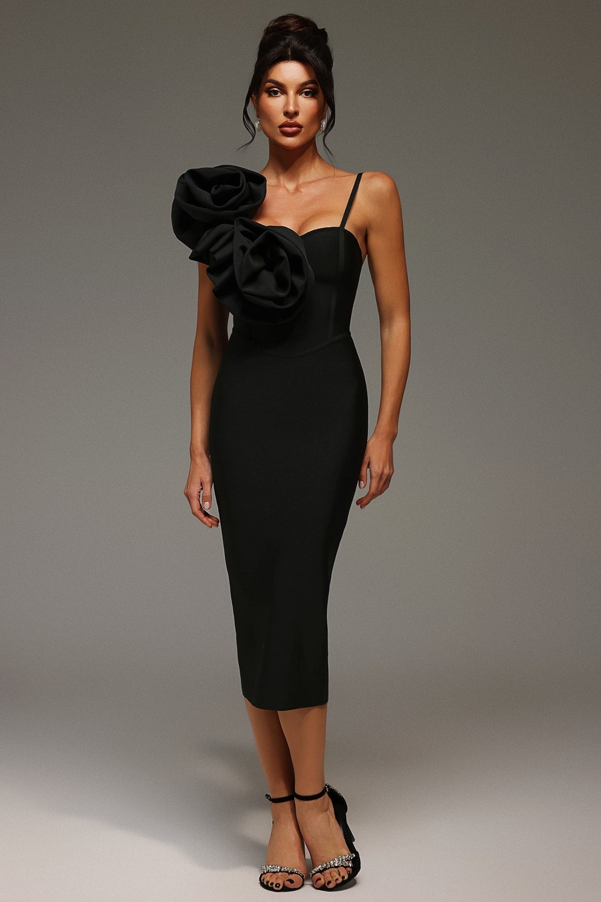 Sweetheart Spaghetti Strap Rosette Applique Bandage Midi Dress