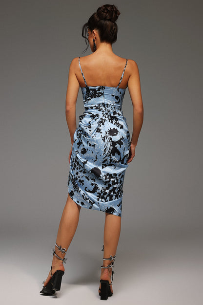 Cowl Neck Spaghetti Strap Abstract Print Ruched Side Slit Midi Dress