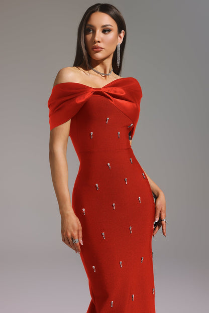 One Shoulder Diamond Bow Applique Bandage Column Maxi Dress