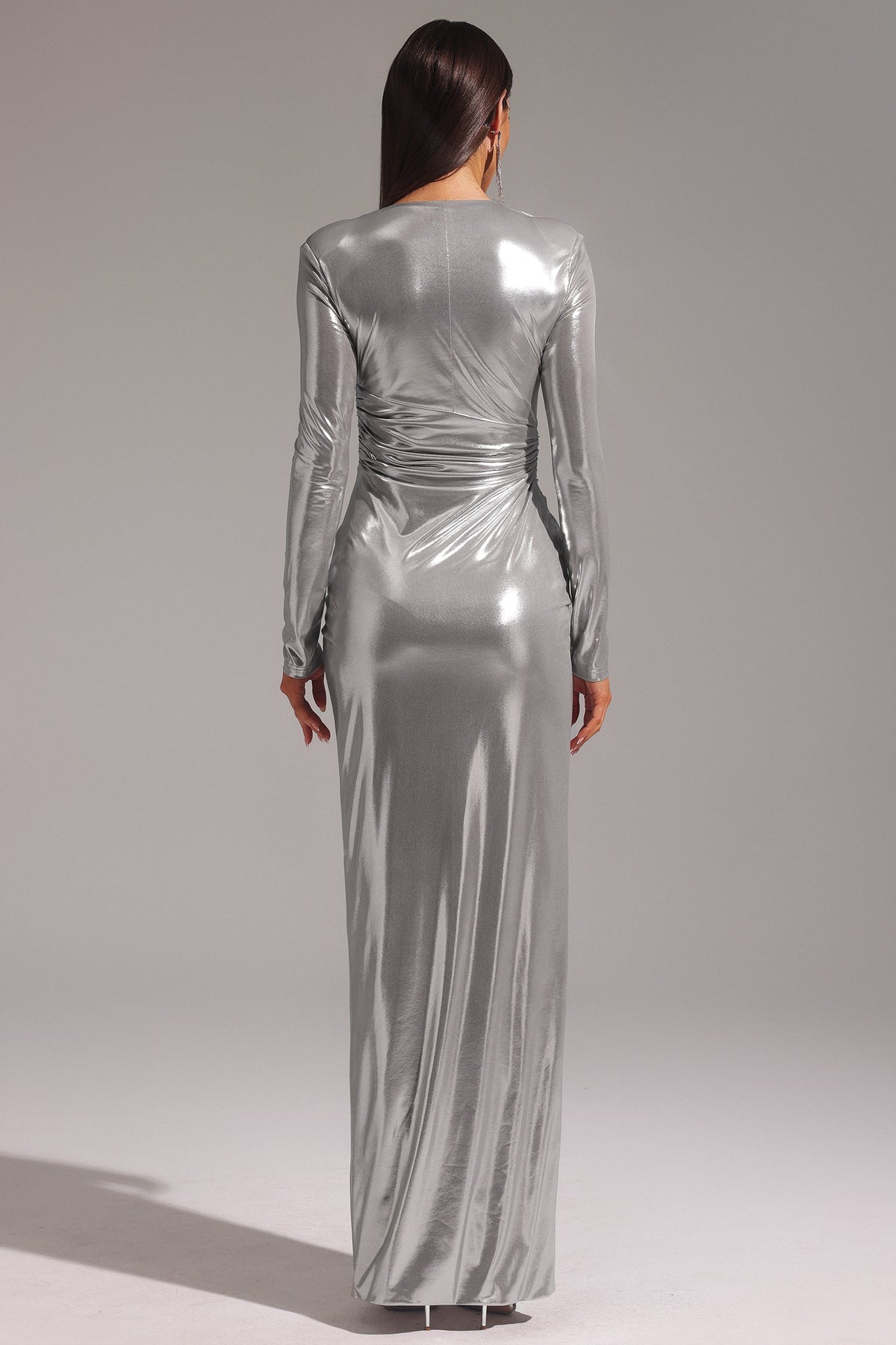 Deep V Long Sleeve Ruched Drape Front Slit Maxi Gown
