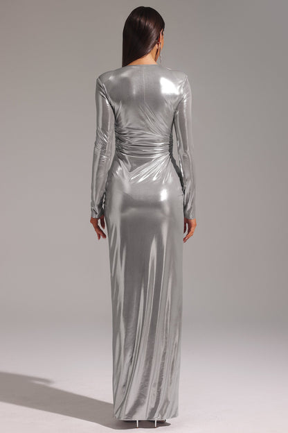 Deep V Long Sleeve Ruched Drape Front Slit Maxi Gown