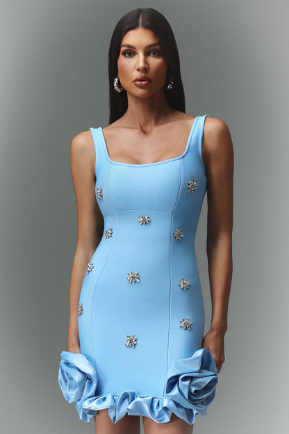 Square Neck Rhinestone Floral Applique Ruffle Hem Mini Dress