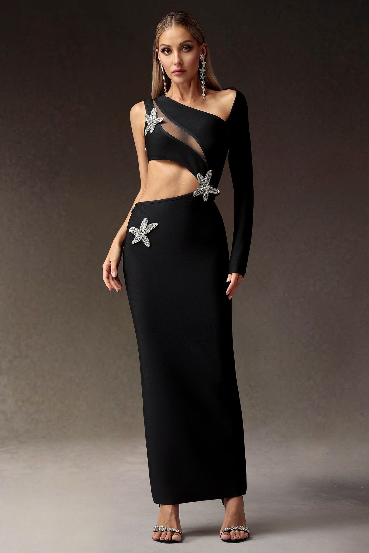 One Shoulder Cutout Ruched Bandage High Slit Maxi Dress