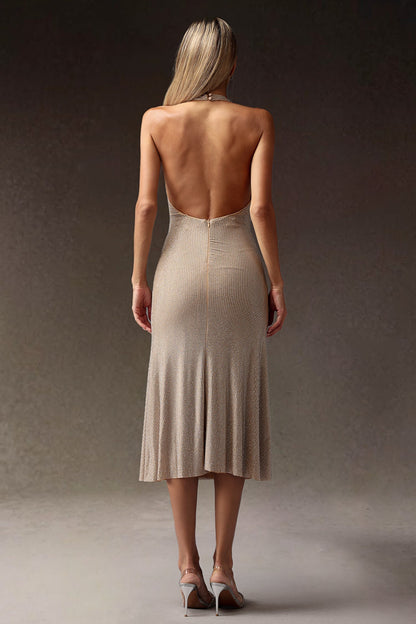 Halter Neck Plunging V Neck All Over Rhinestone Bodycon Midi Dress
