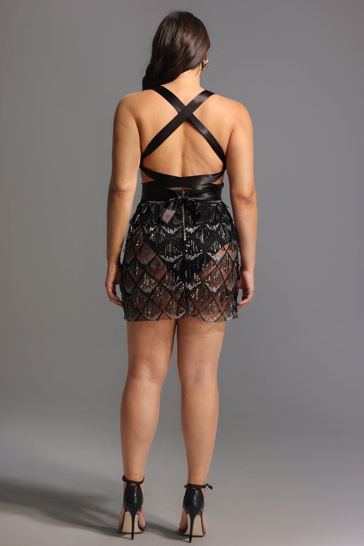 Deep V Neck Satin Waistband Geometric Lattice Beaded Fringe Mini Dress