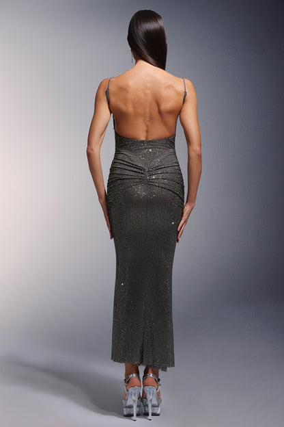 Square Neck Spaghetti Strap Rhinestone Ruched Bodycon Maxi Dress